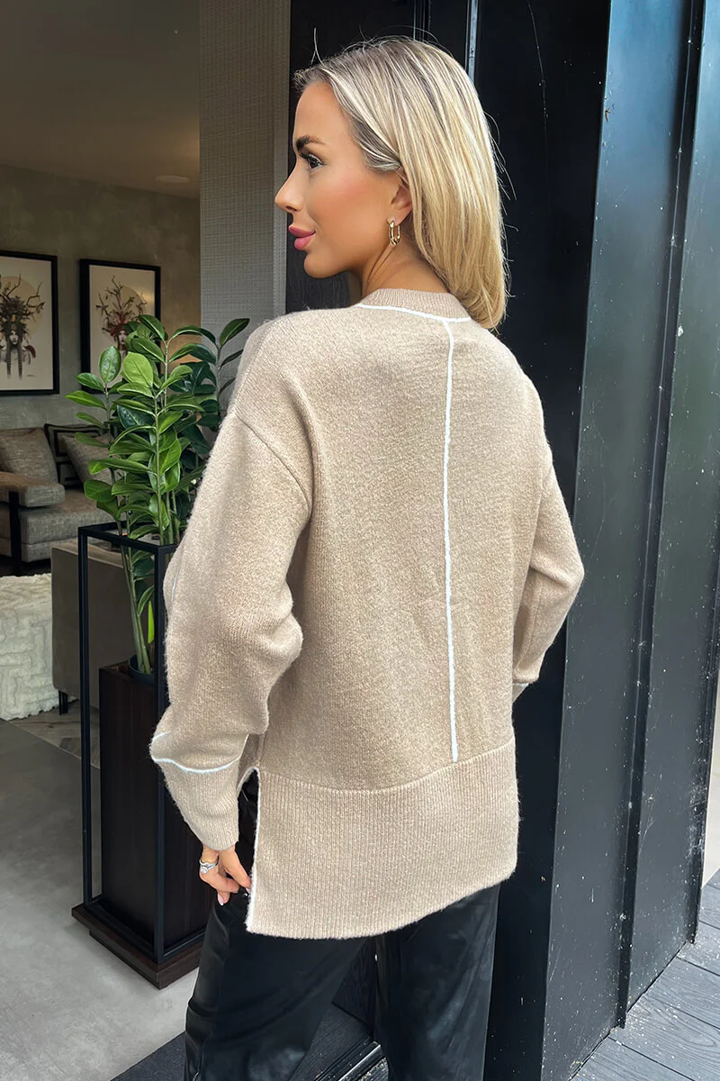 Oatmeal Round Neck Contrast Piping Detail Jumper - Image 4