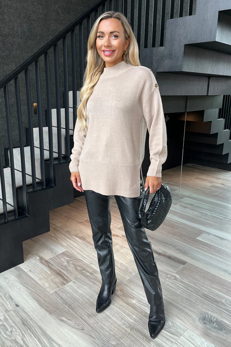 Oatmeal Shoulder Button Detail Knit Jumper - Image 2