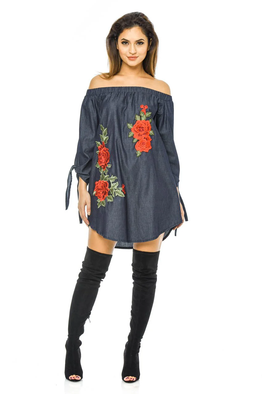 Off The Shoulder Denim Embroidered Dress - Image 2