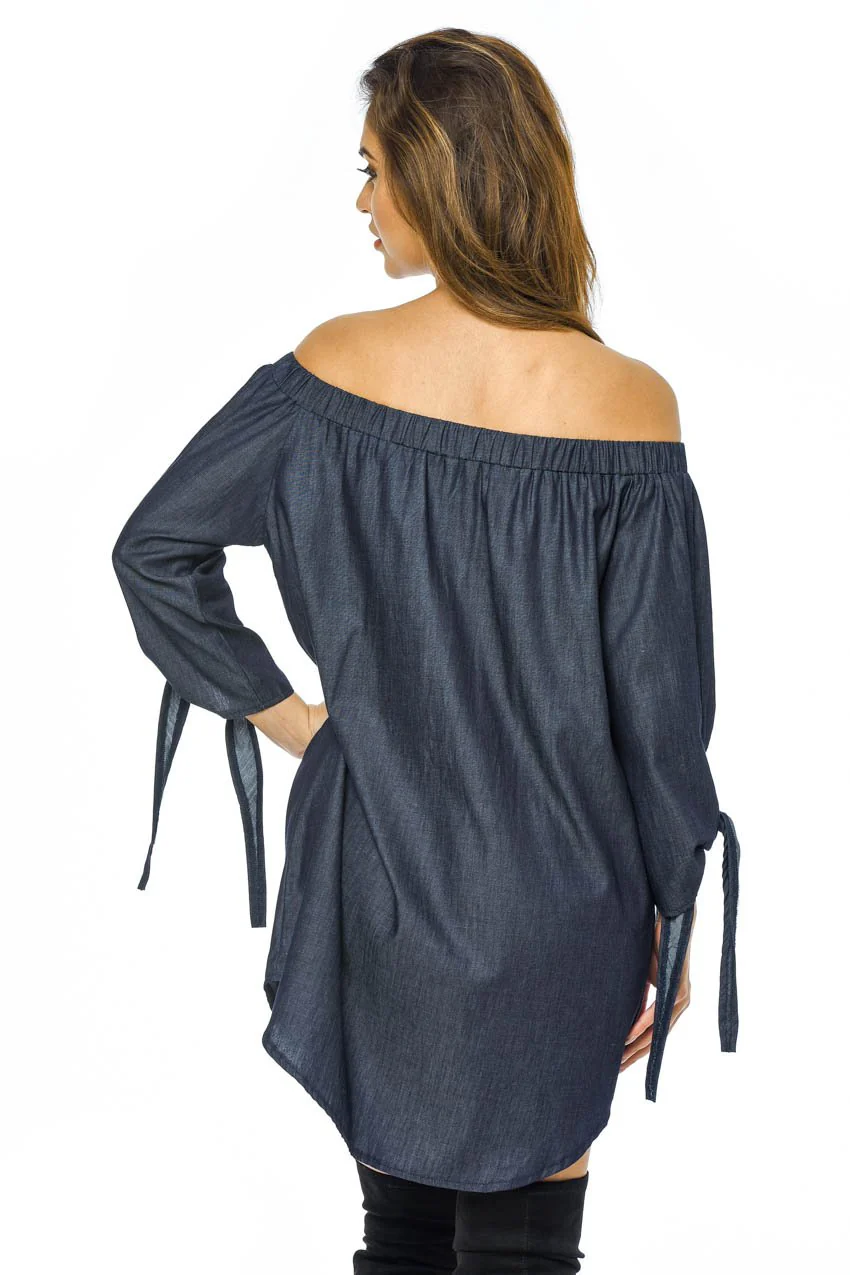 Off The Shoulder Denim Embroidered Dress - Image 3