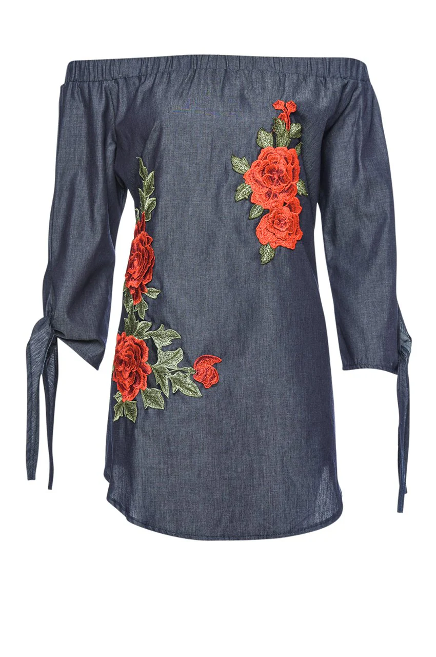 Off The Shoulder Denim Embroidered Dress - Image 4
