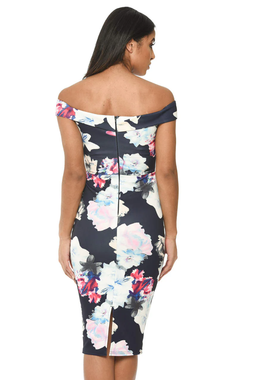 Off The Shoulder Navy Floral Print Bodycon Dress - Image 3