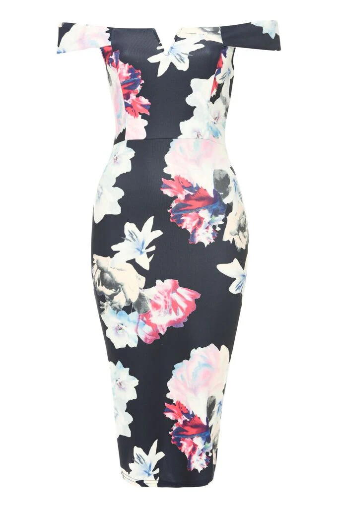 Off The Shoulder Navy Floral Print Bodycon Dress - Image 4