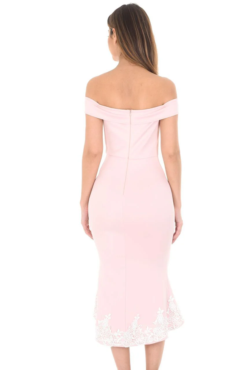 Off The Shoulder Nude Lace Hem Dress - Image 3