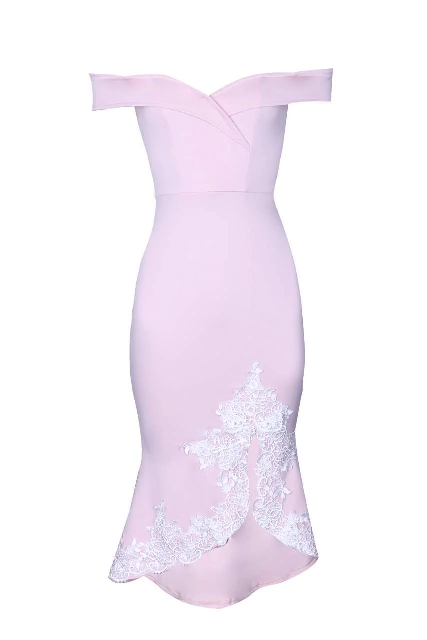 Off The Shoulder Nude Lace Hem Dress - Image 4