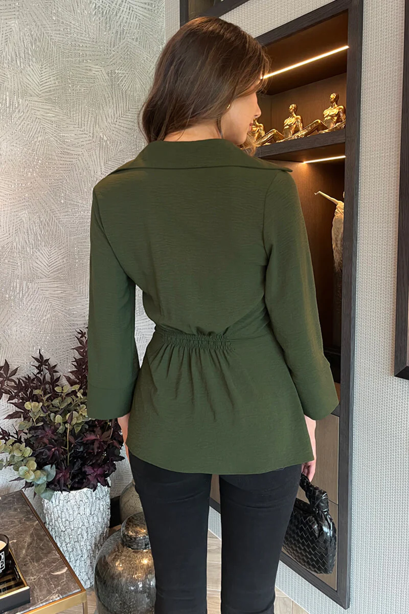 Olive 3/4 Sleeves Collared Gathered Waist Top - Image 5