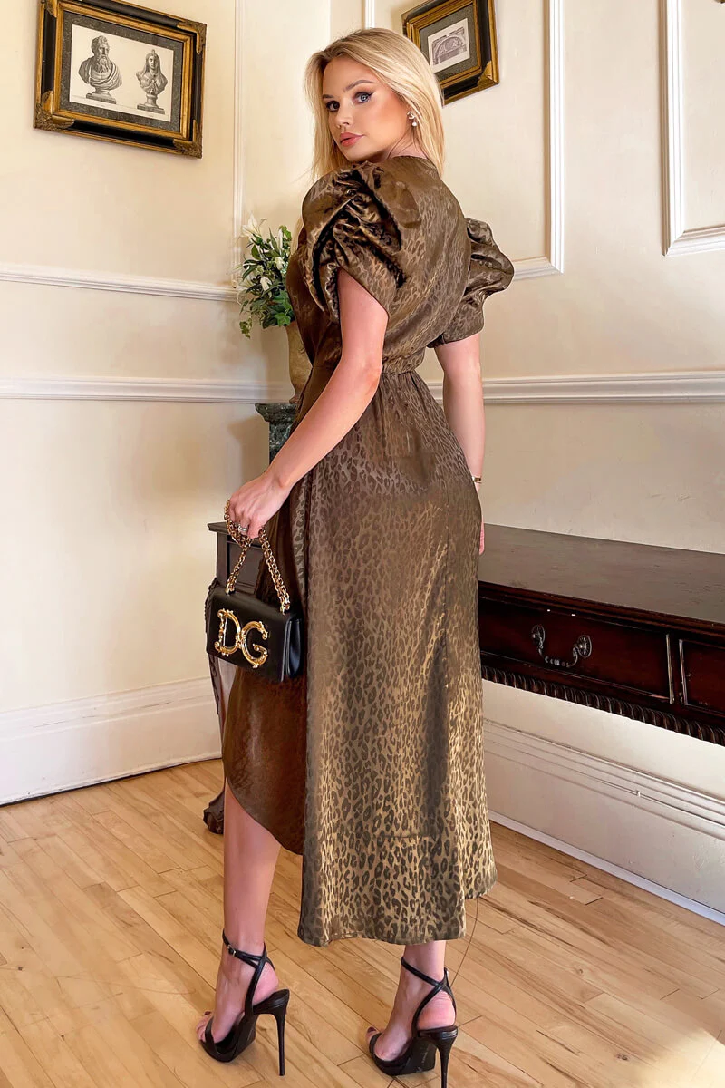 Olive Animal Print Batwing Gathered Top Midi Dress - Image 4