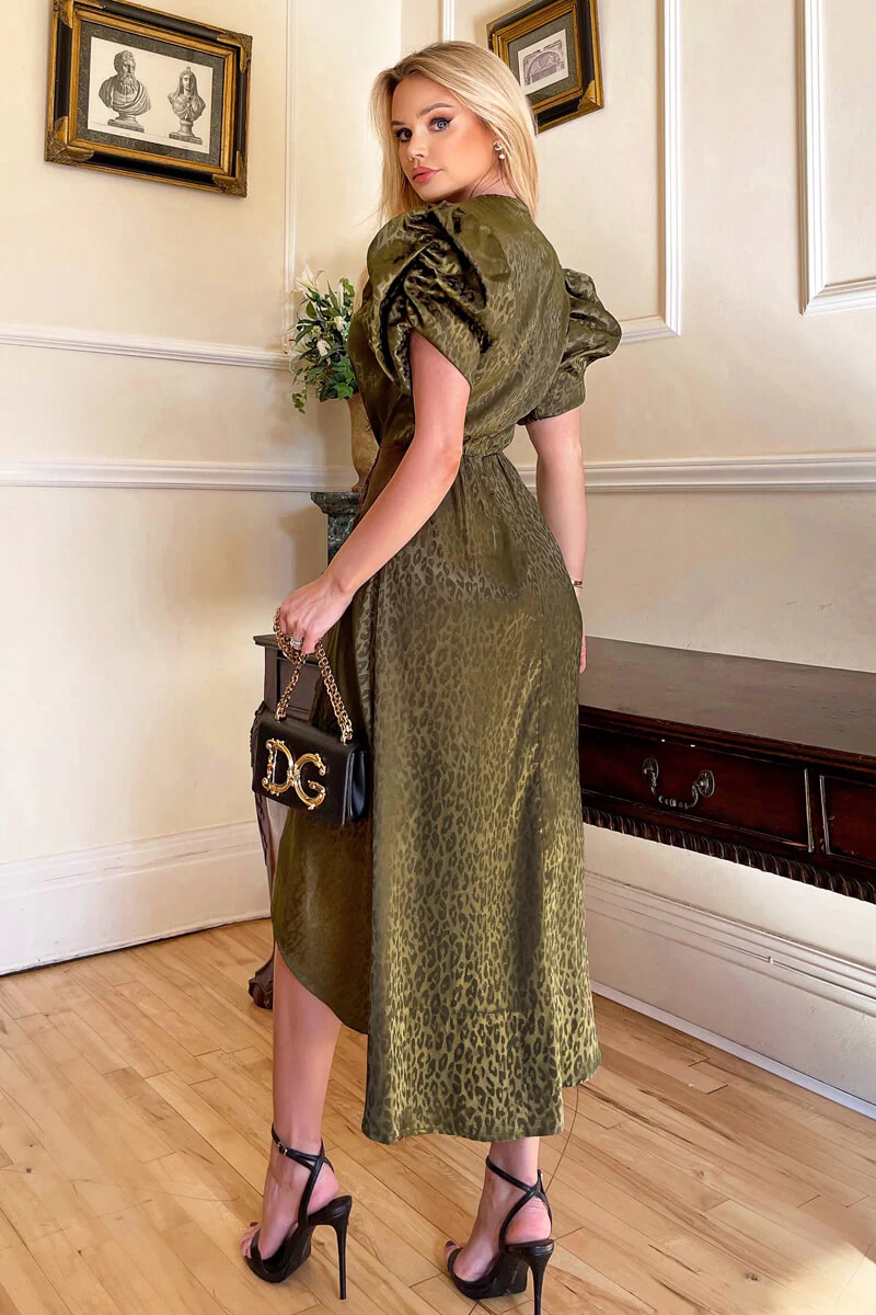 Olive Animal Print Puff Sleeve Satin Midi Dress - Image 4