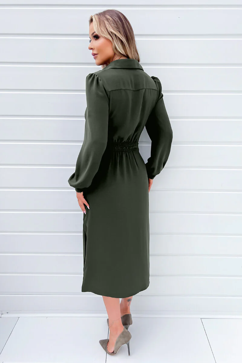 Olive Button Front Tie Shirt Midi Dress - Image 2
