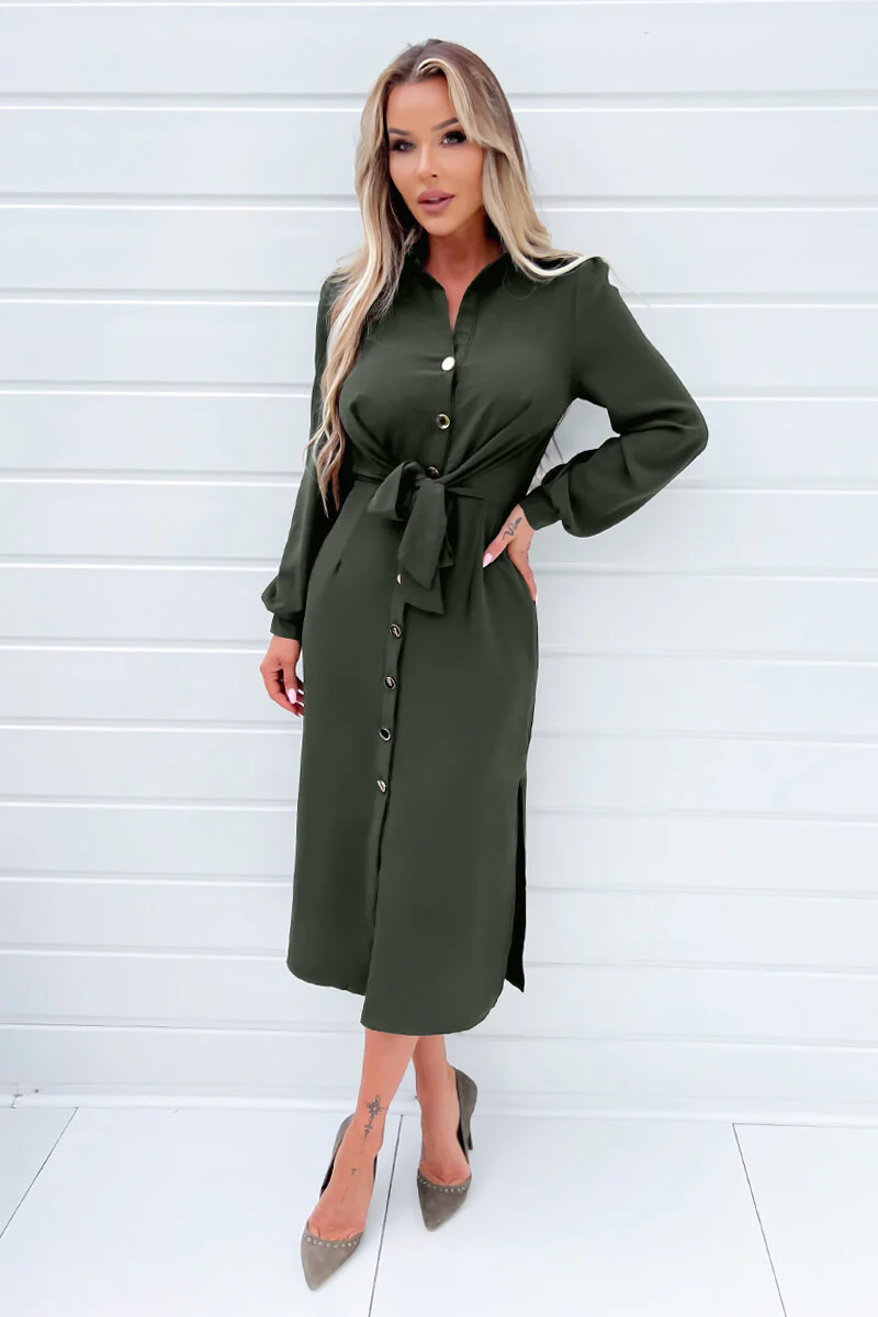 Olive Button Front Tie Shirt Midi Dress - Image 3