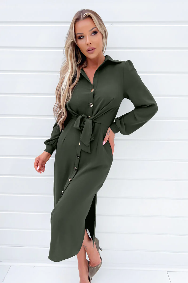 Olive Button Front Tie Shirt Midi Dress - Image 4