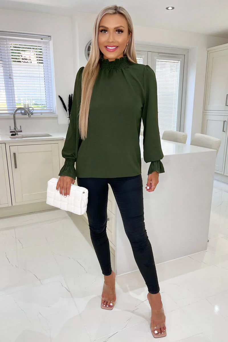 Olive Elasticated Cuff And Neck Long Sleeve Top - Image 2