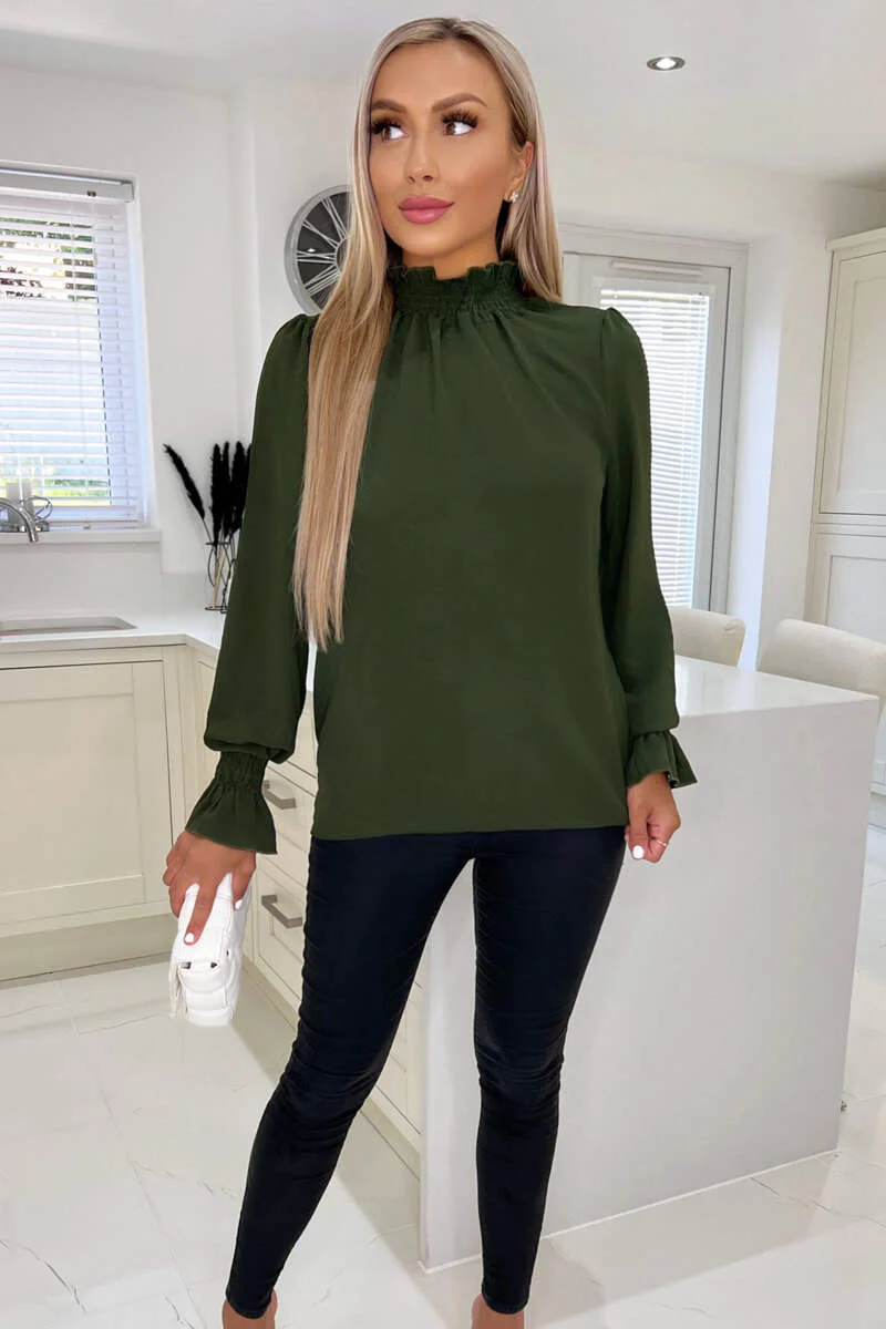 Olive Elasticated Cuff And Neck Long Sleeve Top - Image 3