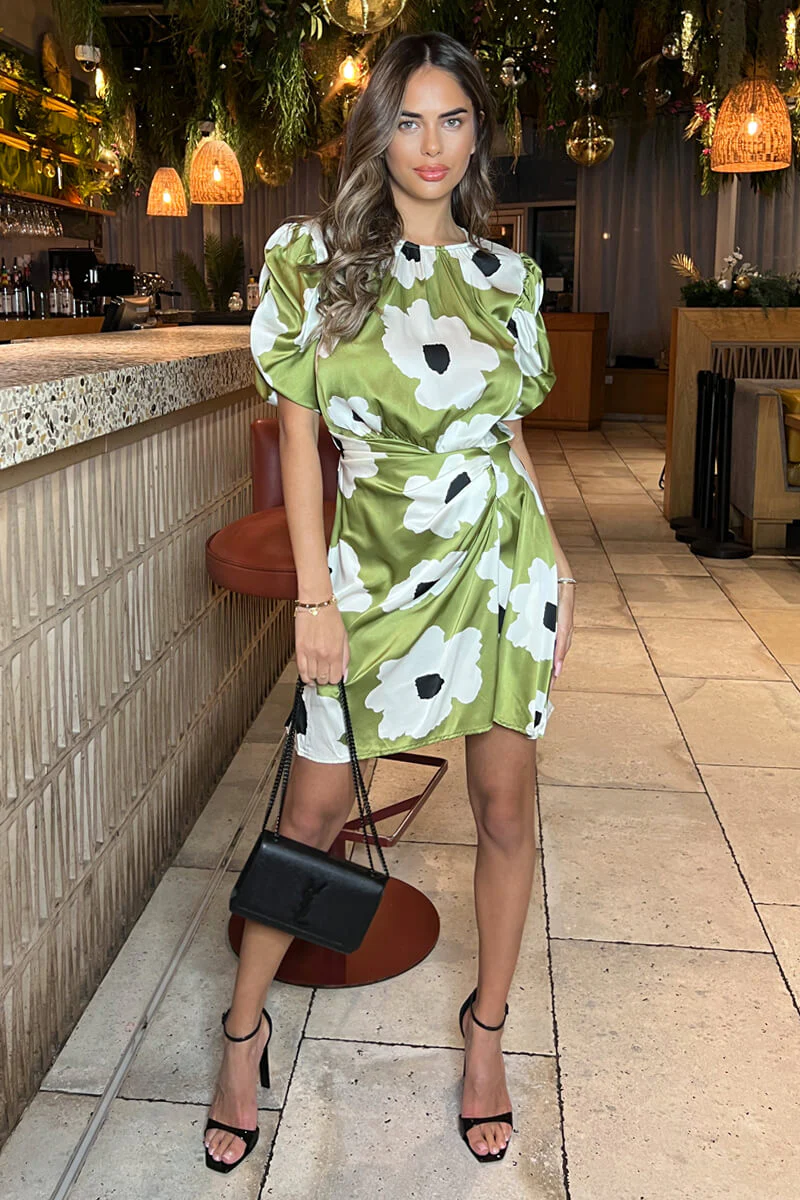 Olive Floral Printed Short Puff Sleeve Gathered Side Mini Dress - Image 3
