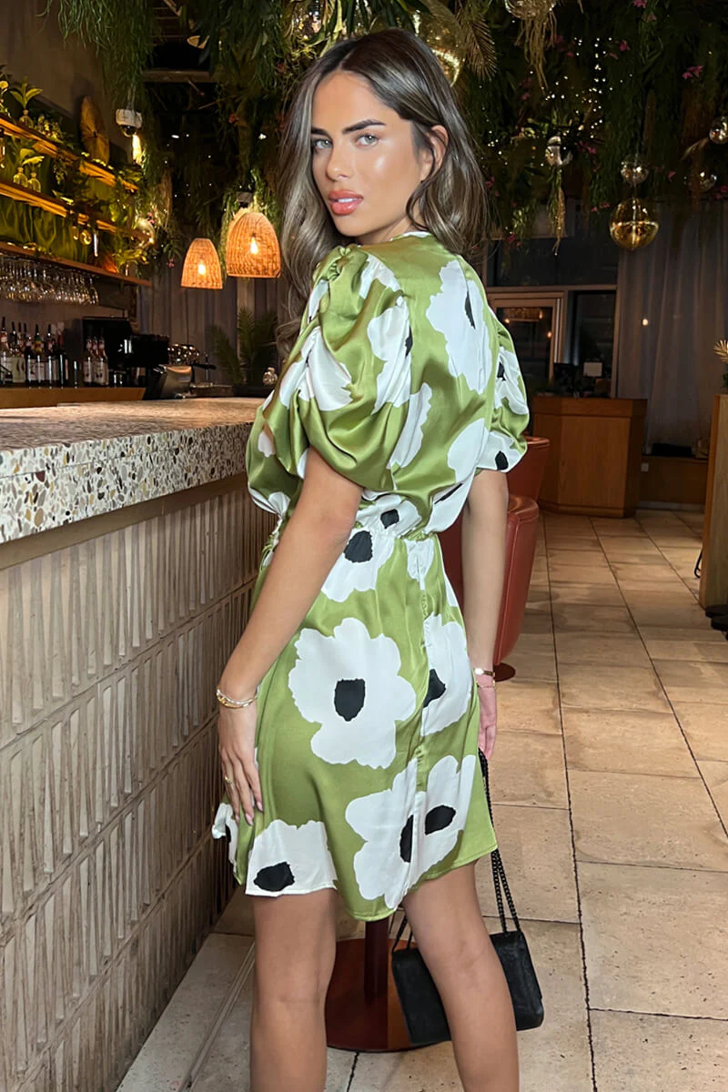Olive Floral Printed Short Puff Sleeve Gathered Side Mini Dress - Image 4