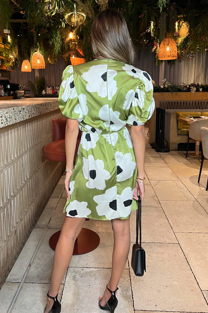 Olive Floral Printed Short Puff Sleeve Gathered Side Mini Dress - Image 5