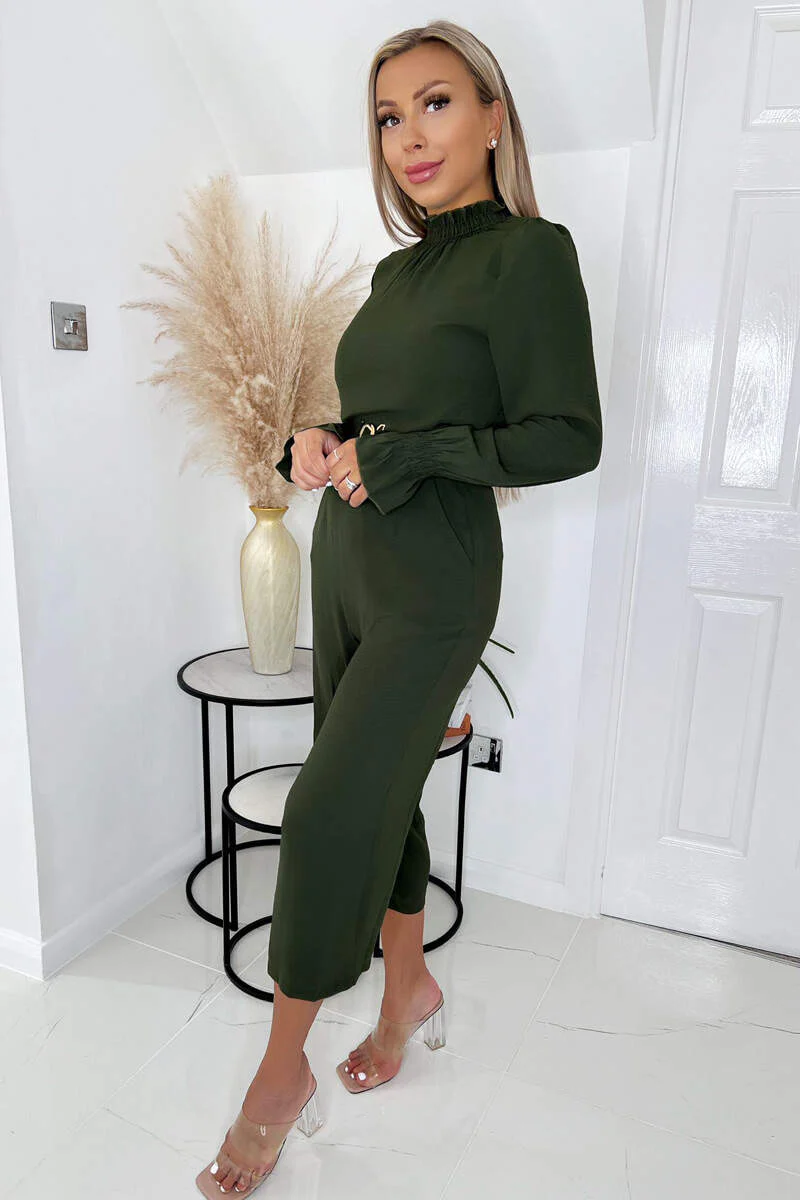 Olive High Neck Long Sleeve Belted Jumpsuit - Image 2