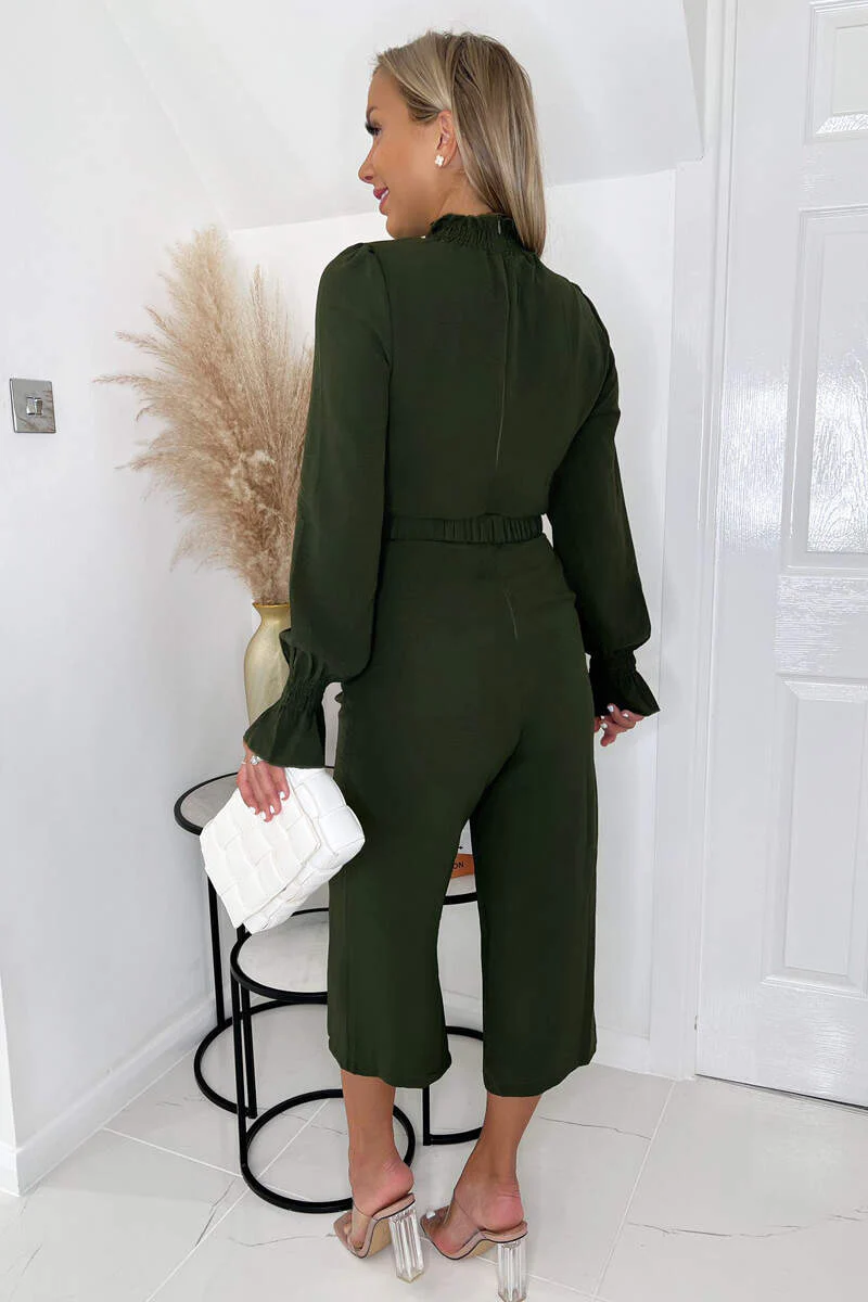 Olive High Neck Long Sleeve Belted Jumpsuit - Image 3