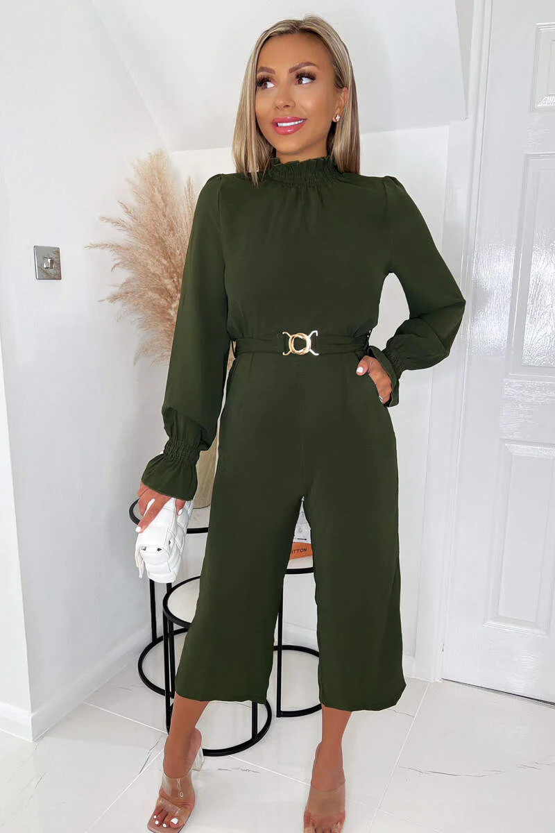 Olive High Neck Long Sleeve Belted Jumpsuit - Image 4