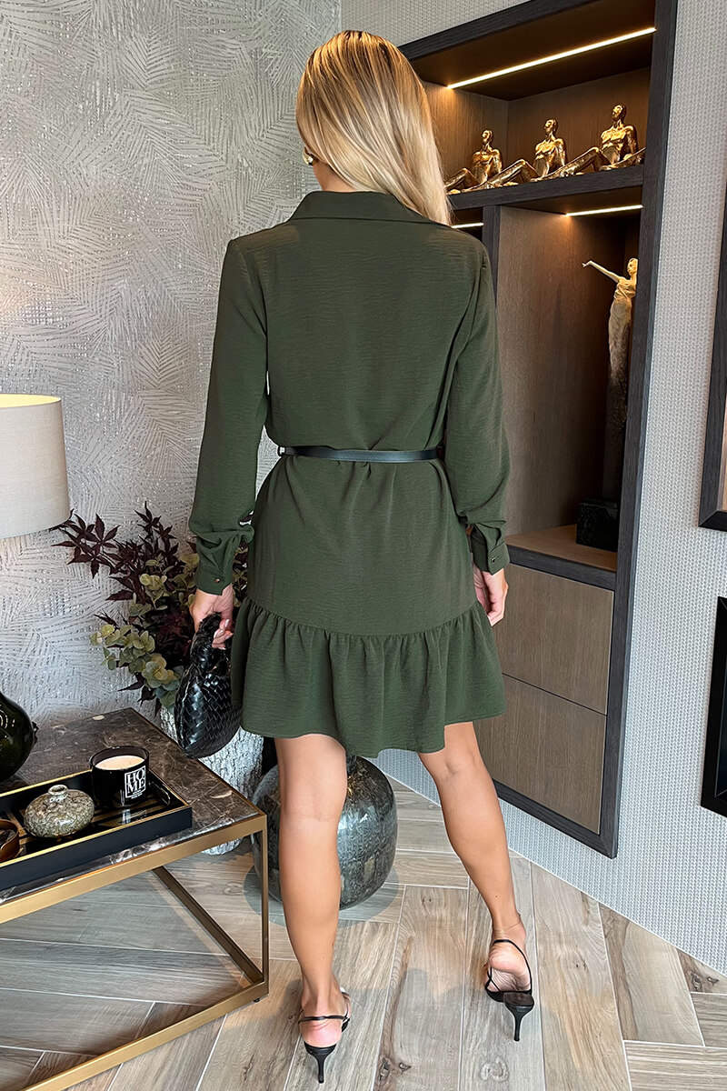 Olive Long Sleeve Frill Hem Shirt Mini Dress - Image 5
