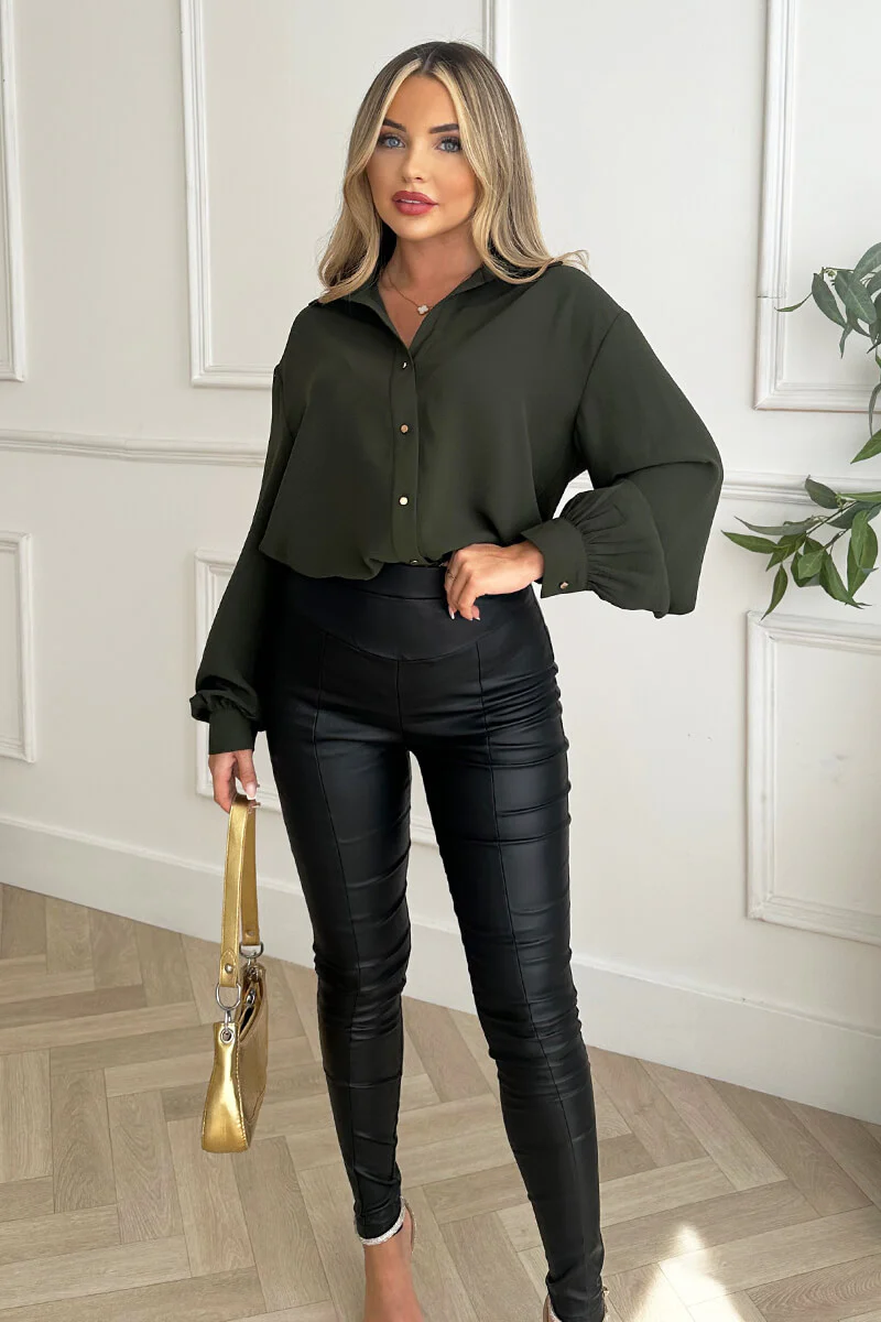 Olive Long Sleeve Gold Button Front Shirt - Image 3