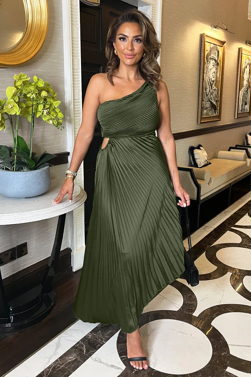 Olive One Shoulder Pleated Satin Midi Dress - Image 2
