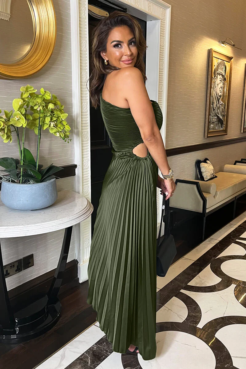 Olive One Shoulder Pleated Satin Midi Dress - Image 4