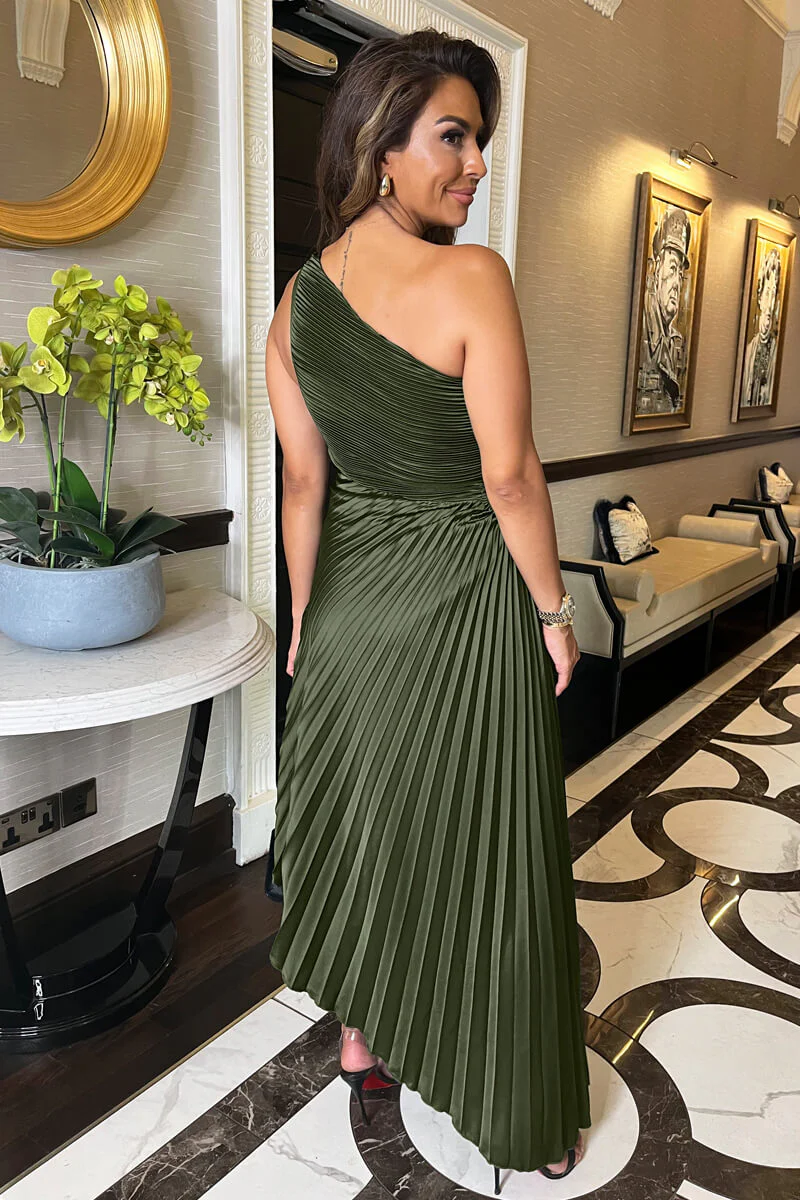 Olive One Shoulder Pleated Satin Midi Dress - Image 5