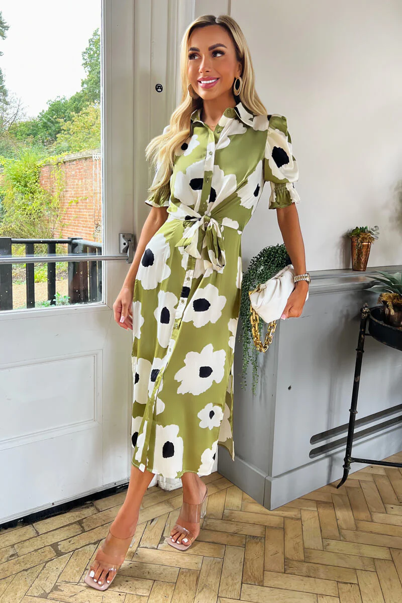 Olive Bold Floral Print Midi Shirt Dress - Image 2