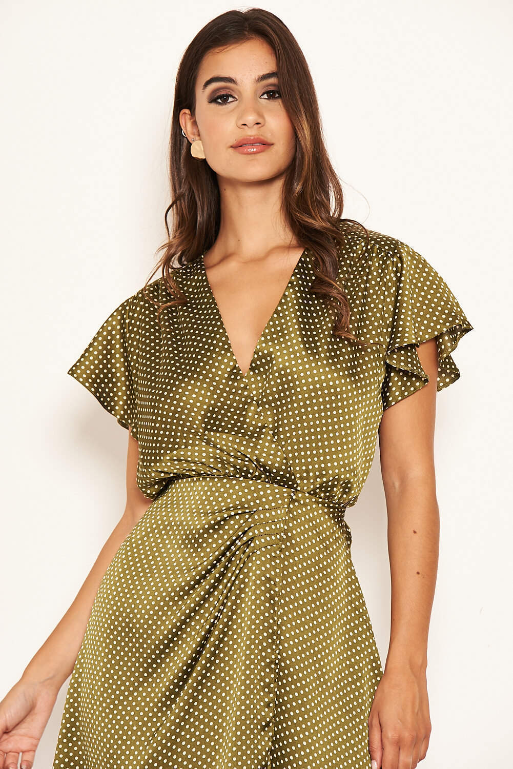 Olive Polka Dot Pleated Wrap Dress - Image 4
