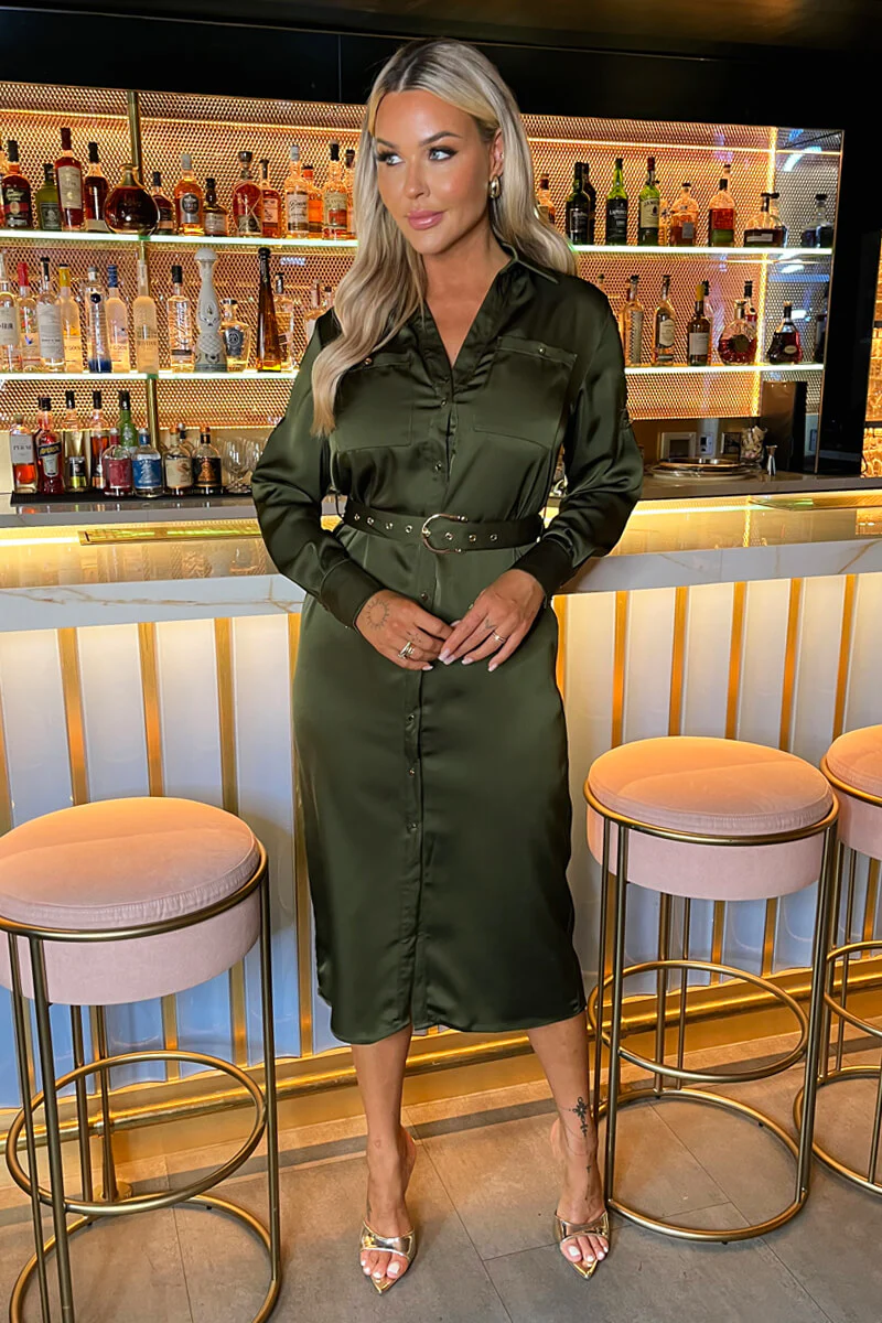 Olive Satin Belted 3/4 Sleeve Gold Buttons Shirt Midi Dress - Image 3