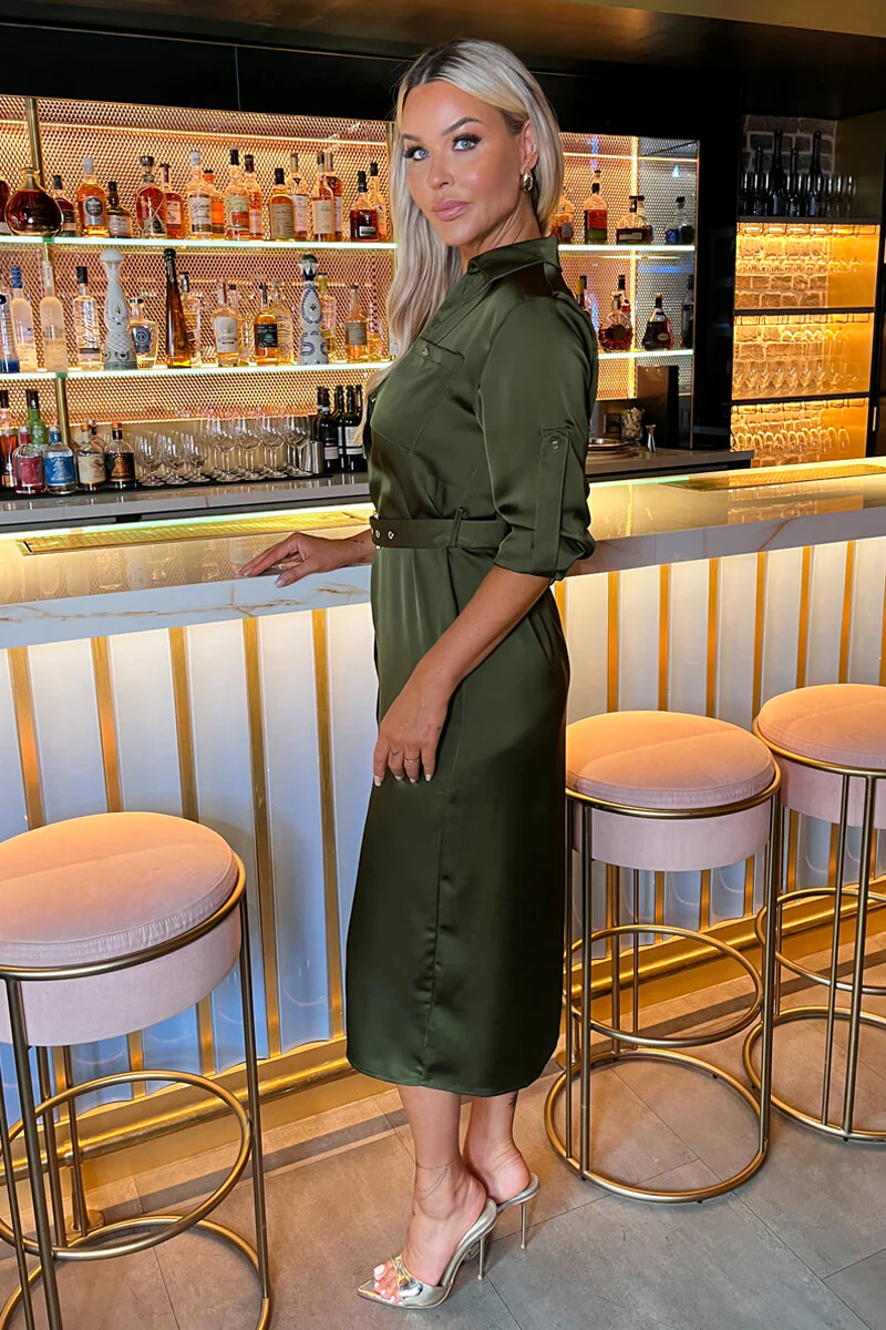 Olive Satin Belted 3/4 Sleeve Gold Buttons Shirt Midi Dress - Image 4