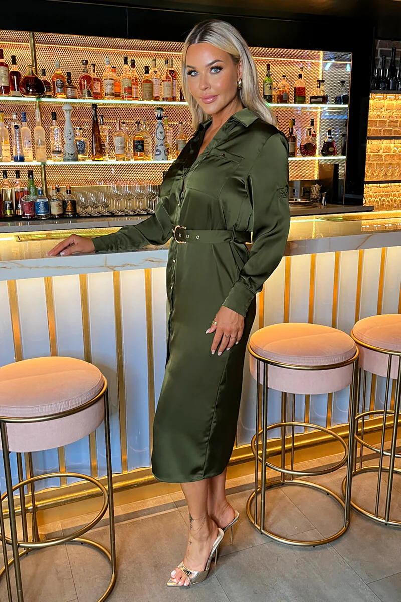 Olive Satin Belted 3/4 Sleeve Gold Buttons Shirt Midi Dress - Image 5