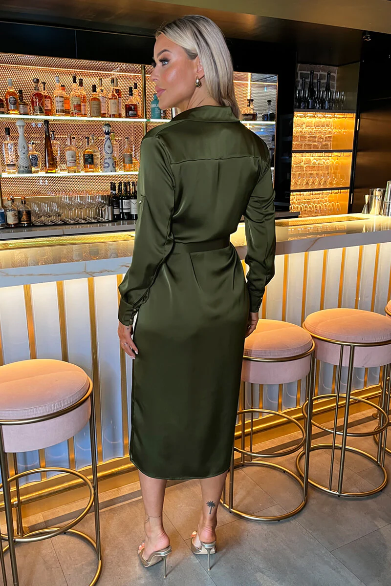 Olive Satin Belted 3/4 Sleeve Gold Buttons Shirt Midi Dress - Image 6
