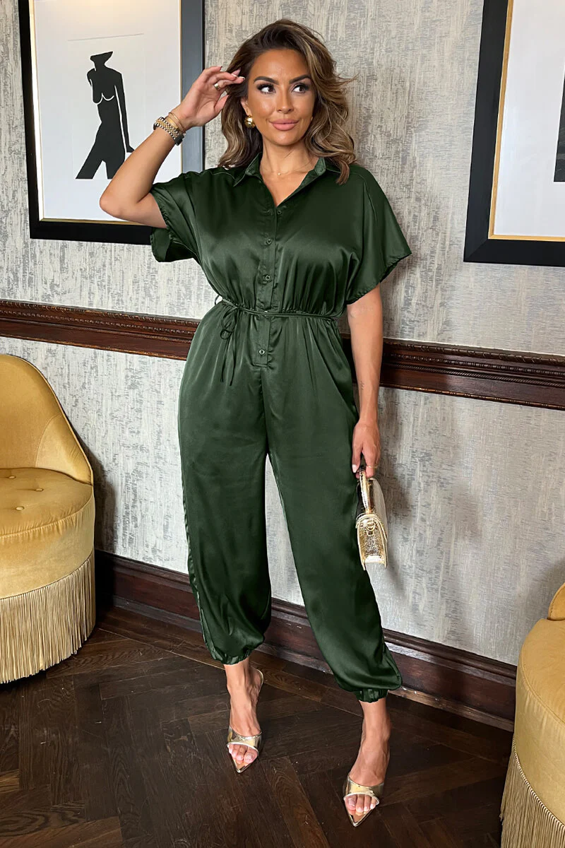 Olive Satin Button Front Collared Tie Waist Jumpsuit - Image 2