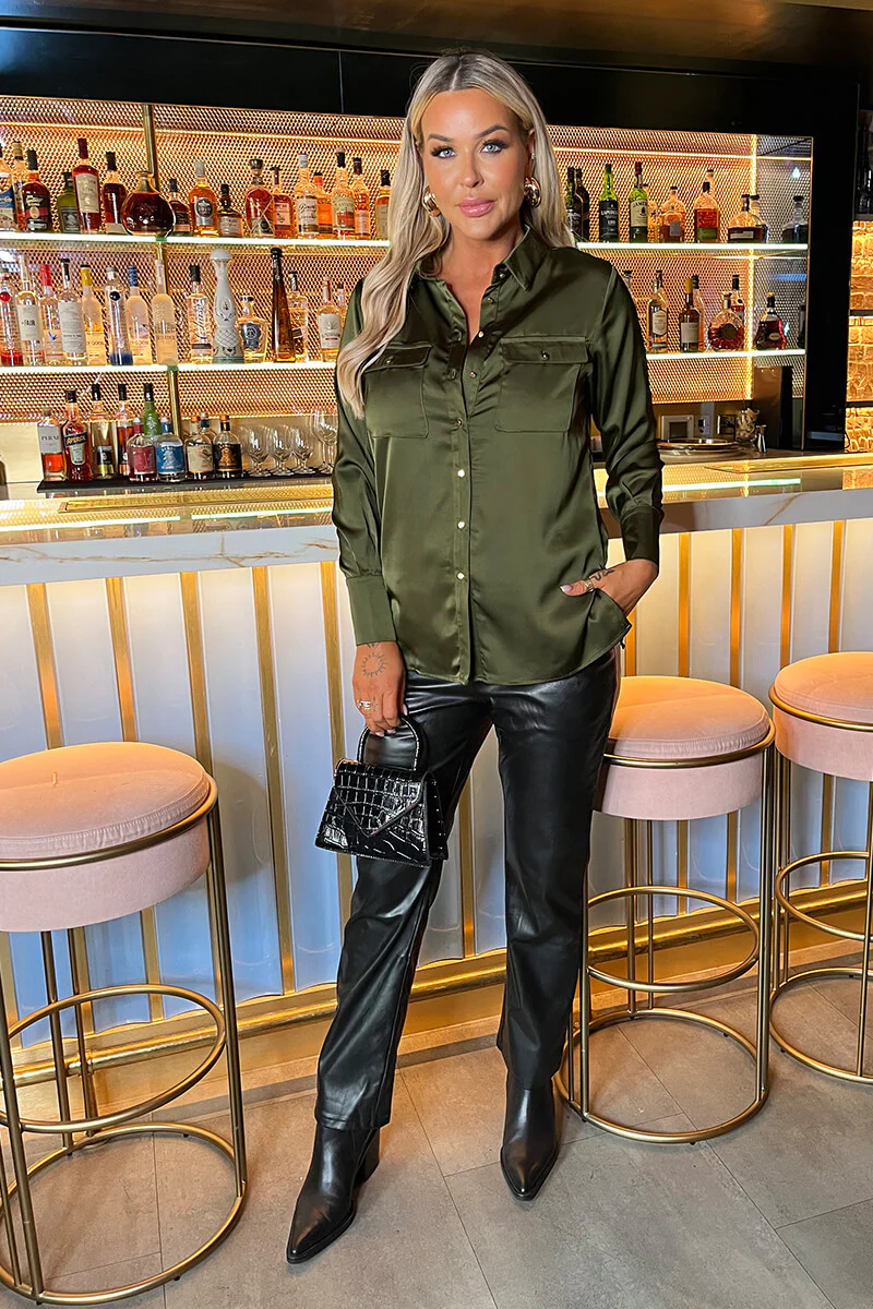 Olive Satin Long Sleeve Gold Button Shirt - Image 2