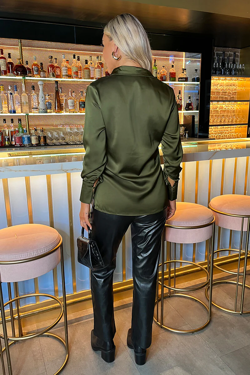 Olive Satin Long Sleeve Gold Button Shirt - Image 5