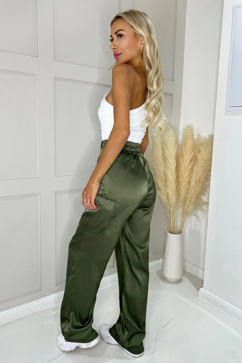 Olive Satin Straight Leg Cargo Pants - Image 2