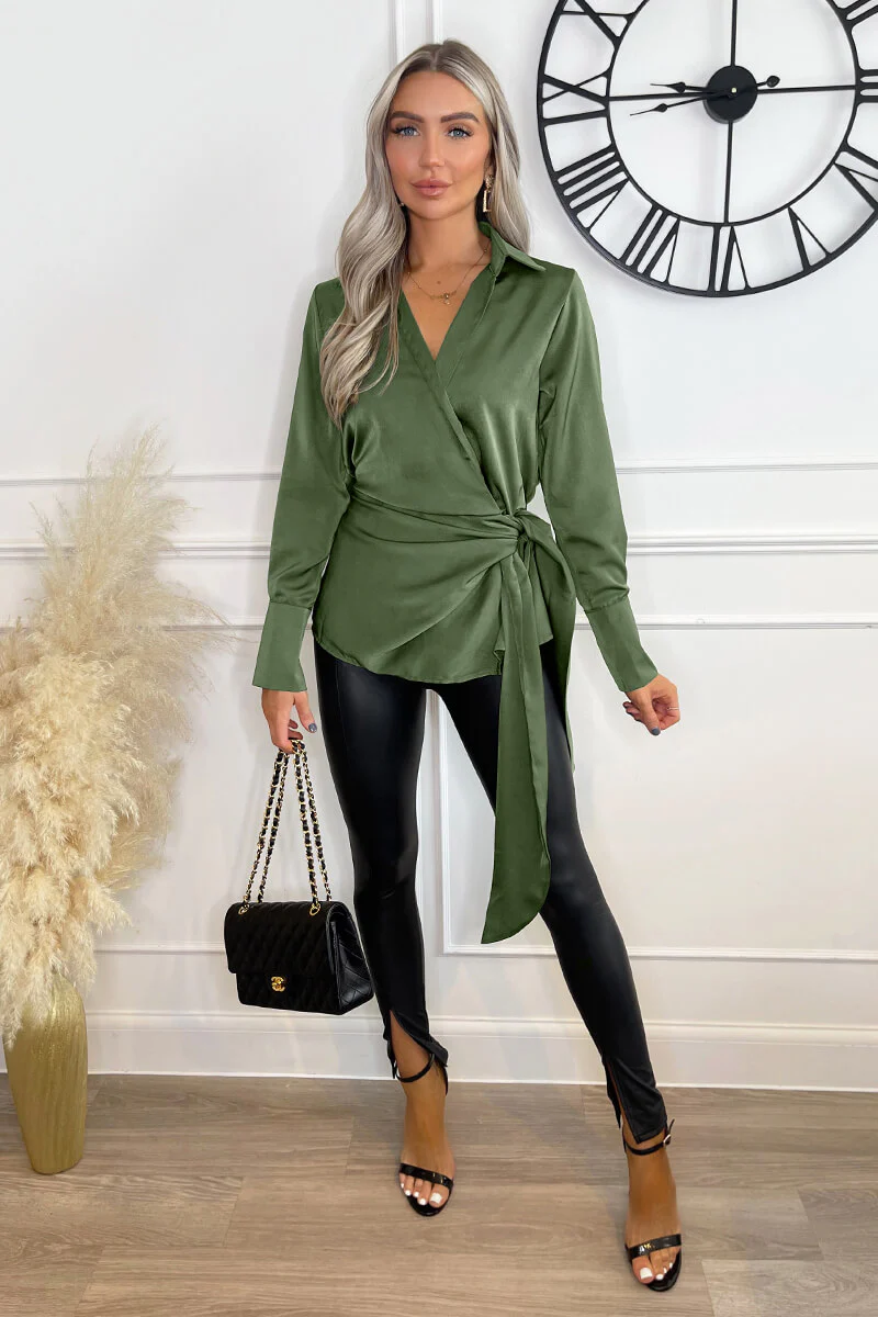 Olive Satin Tie Waist Wrap Shirt - Image 2