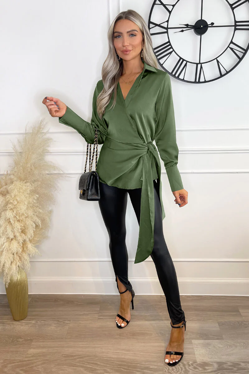 Olive Satin Tie Waist Wrap Shirt - Image 3