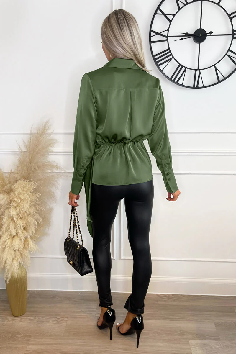 Olive Satin Tie Waist Wrap Shirt - Image 4