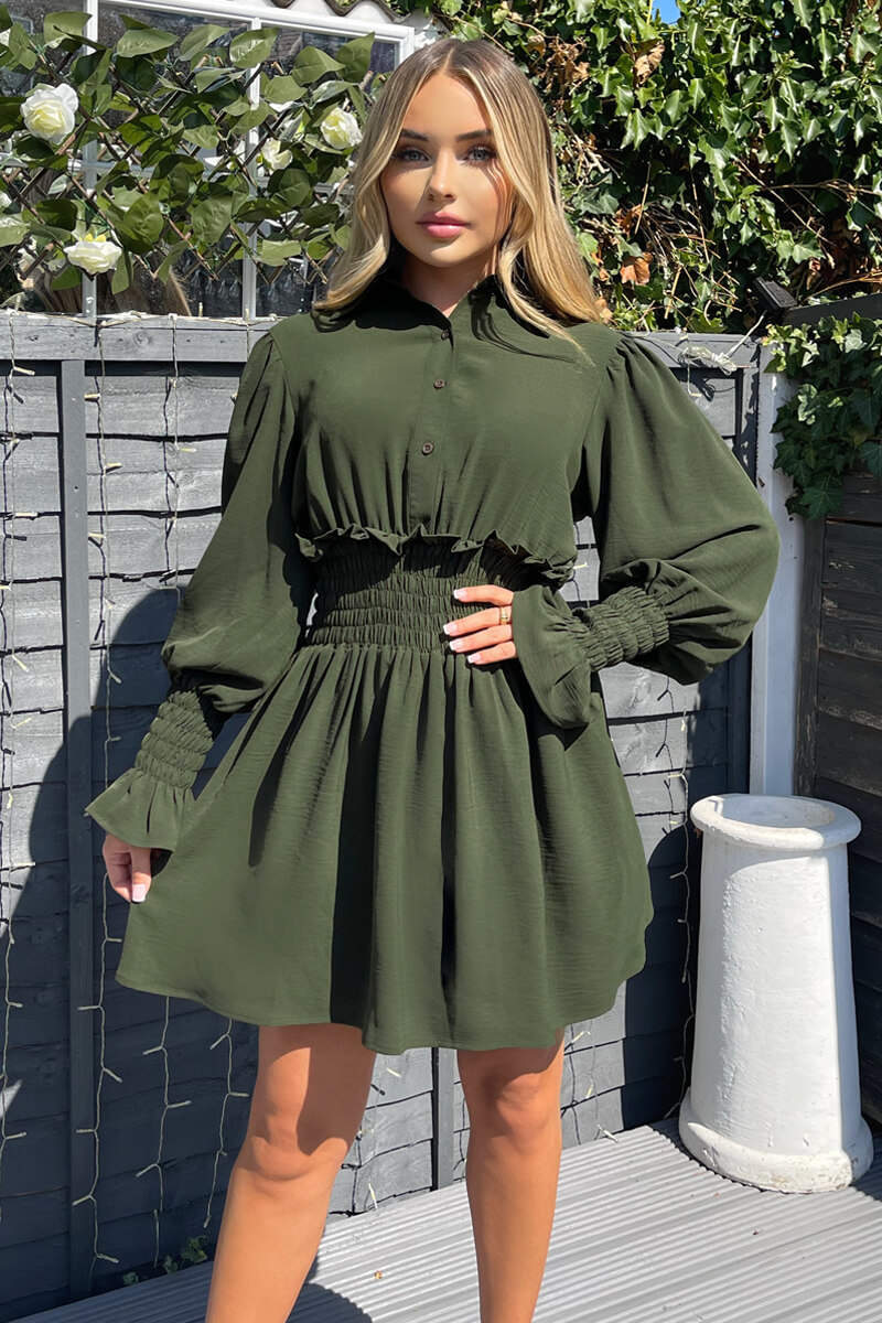 Olive Shirred Waist Long Sleeve Shirt Dress - Image 2