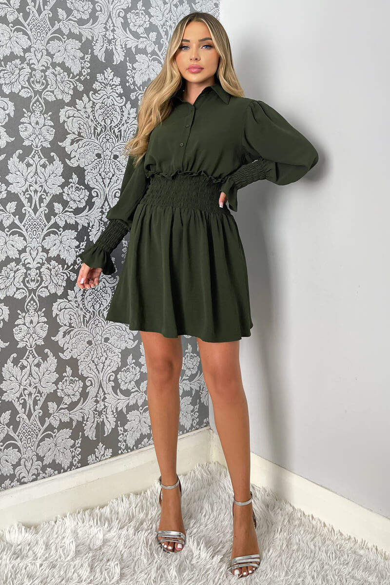 Olive Shirred Waist Long Sleeve Shirt Dress - Image 3