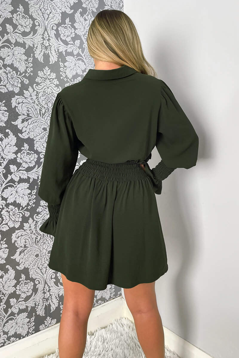 Olive Shirred Waist Long Sleeve Shirt Dress - Image 4