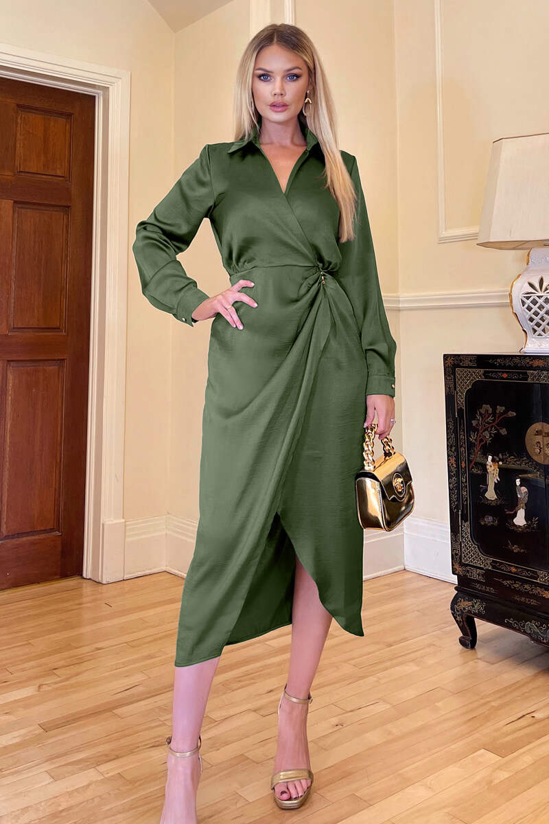 Olive Wrap Satin Shirt Midi Dress - Image 2