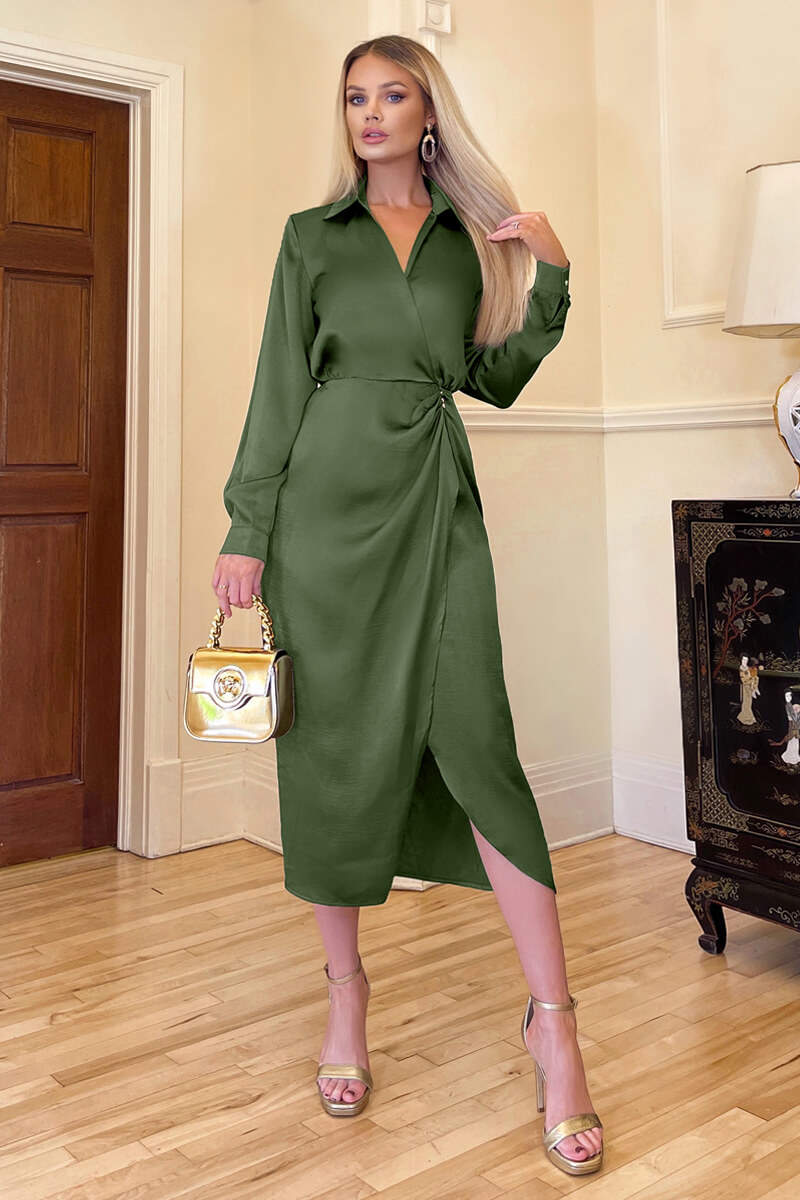 Olive Wrap Satin Shirt Midi Dress - Image 4