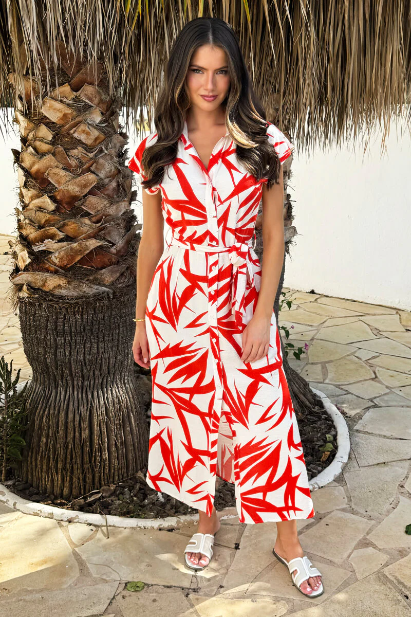 Orange And Cream Tropical Print Tie Waist Shirt Midi Dress - Image 3