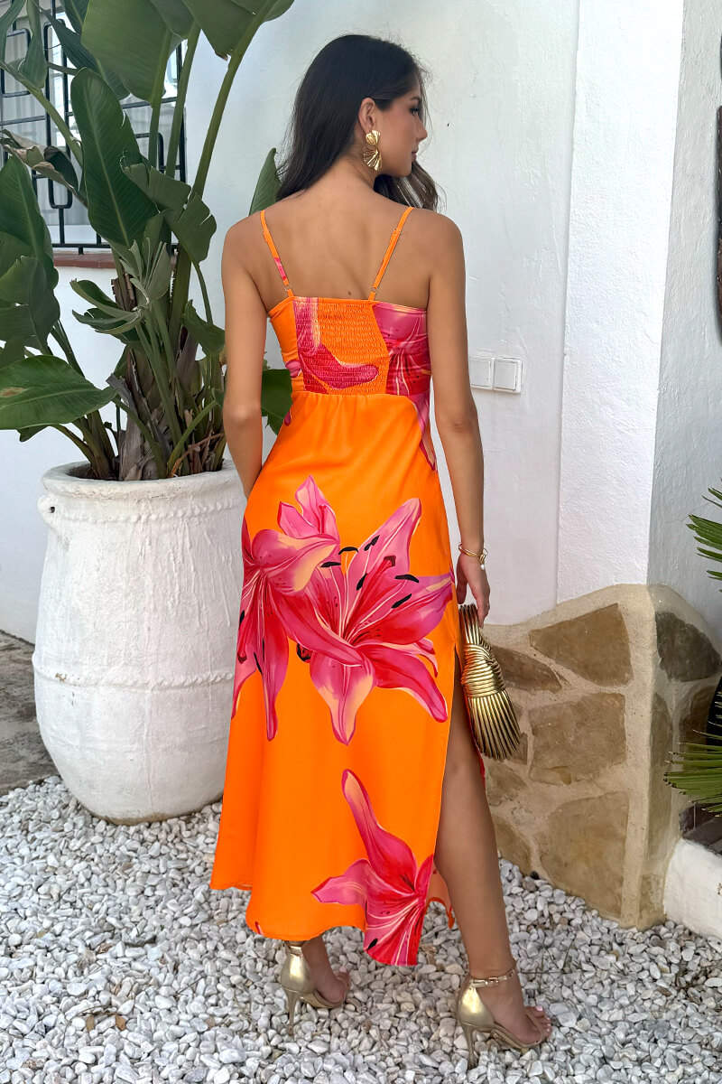 Orange And Pink Floral Print Strappy Slip Midi Dress - Image 5