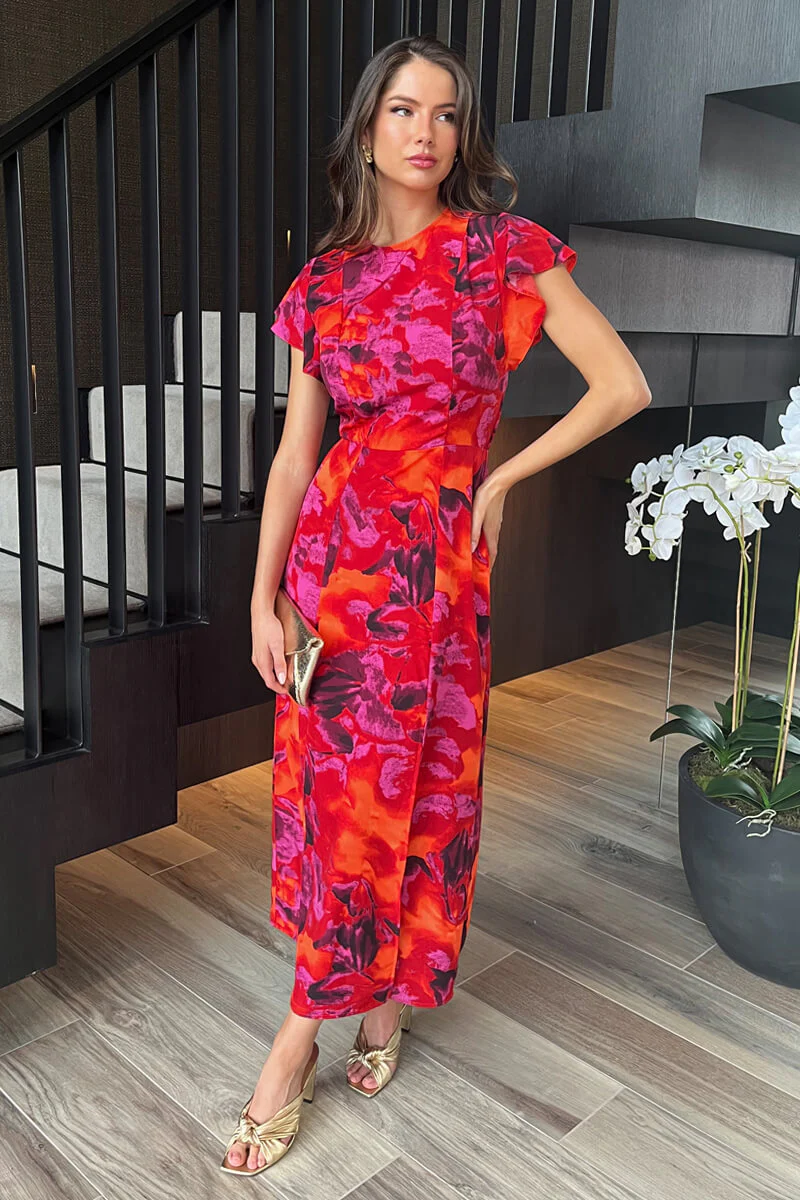 Orange And Purple Abstract Print Flutter Sleeve Midi Dress - Image 3
