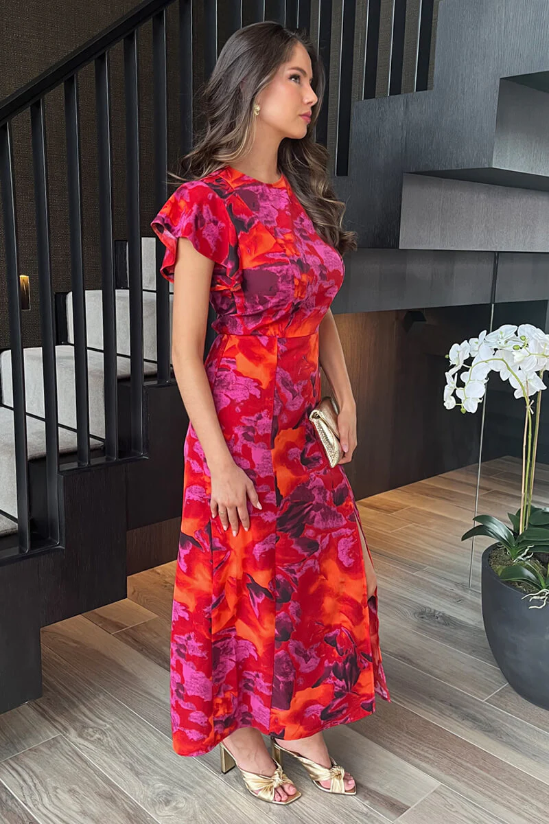 Orange And Purple Abstract Print Flutter Sleeve Midi Dress - Image 4
